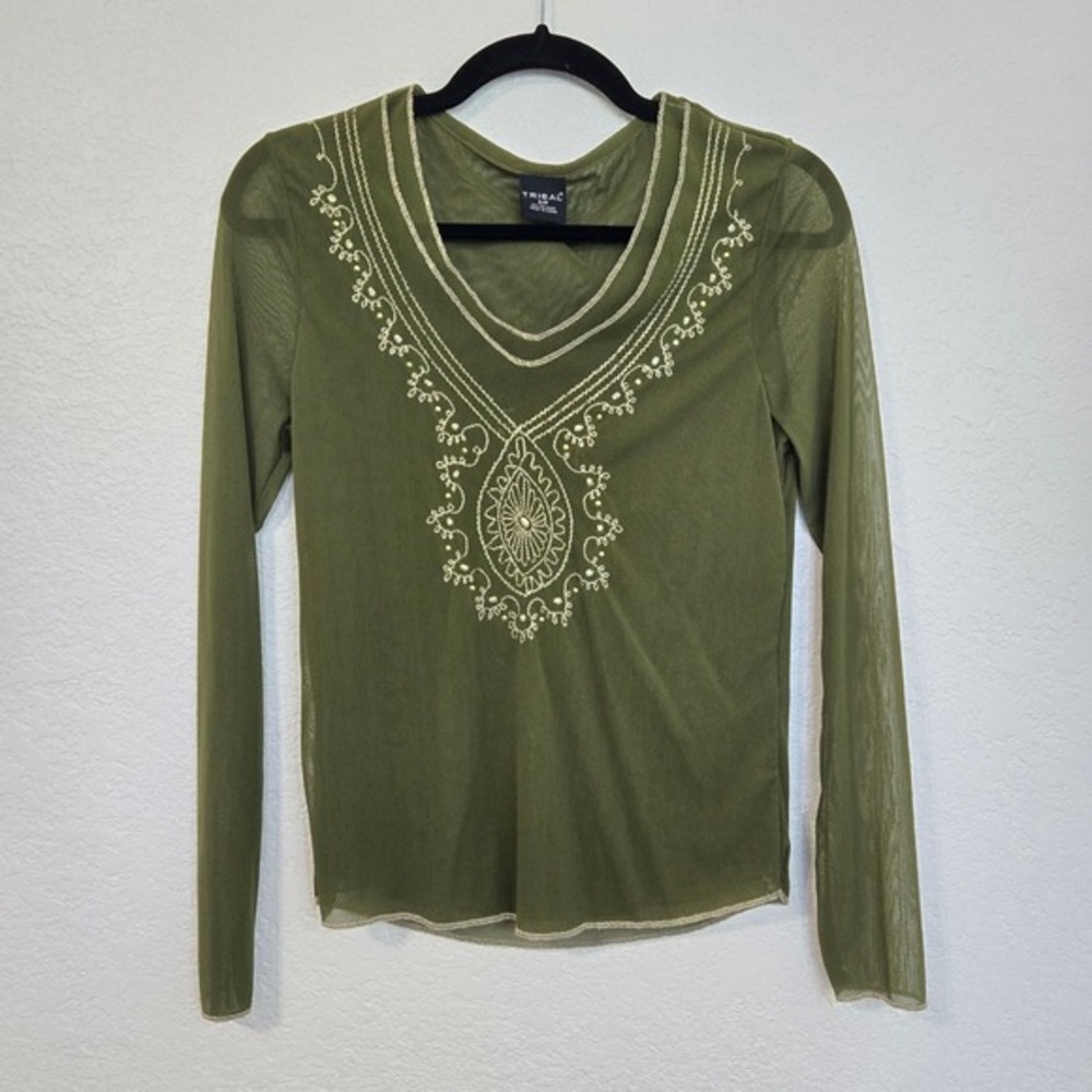 Tribal Y2K VNTG Olive Green Long Sleeve Mesh Top Embroidered‎ V Neck Blouse